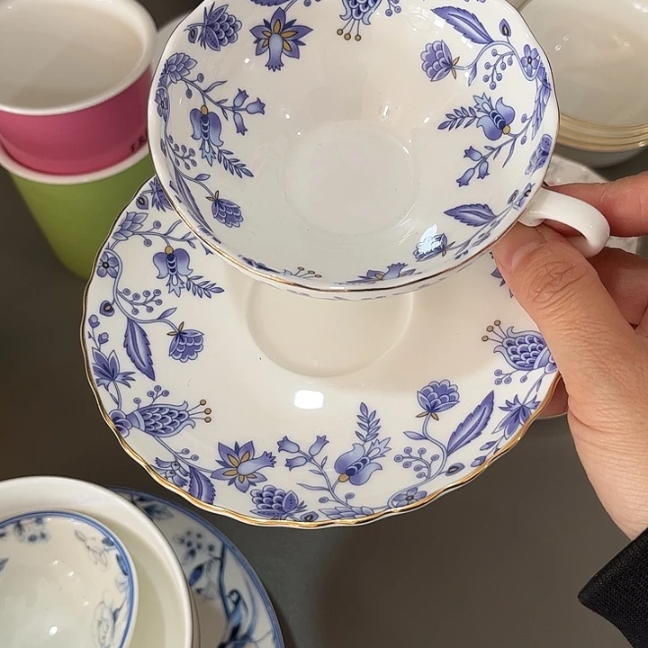 瓷片骨瓷青花杯碟荷口一套