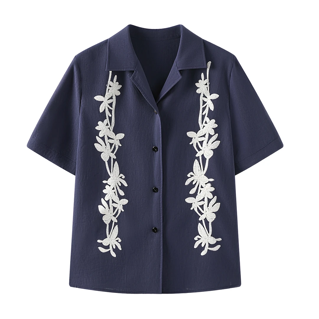 Childe Yao100亚麻万针精密绣花翻领春夏衬衫上衣 CYC54116