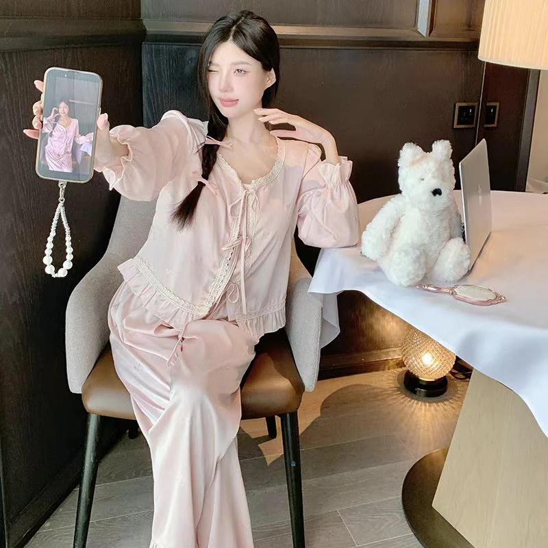 春季新款蕾丝圆领带杯垫睡衣优雅气质高级感透气舒适长袖套装1705