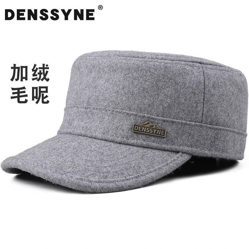 后封口毛呢平顶帽男冬天加绒保暖加厚户外防风中老年人帽子男爸爸