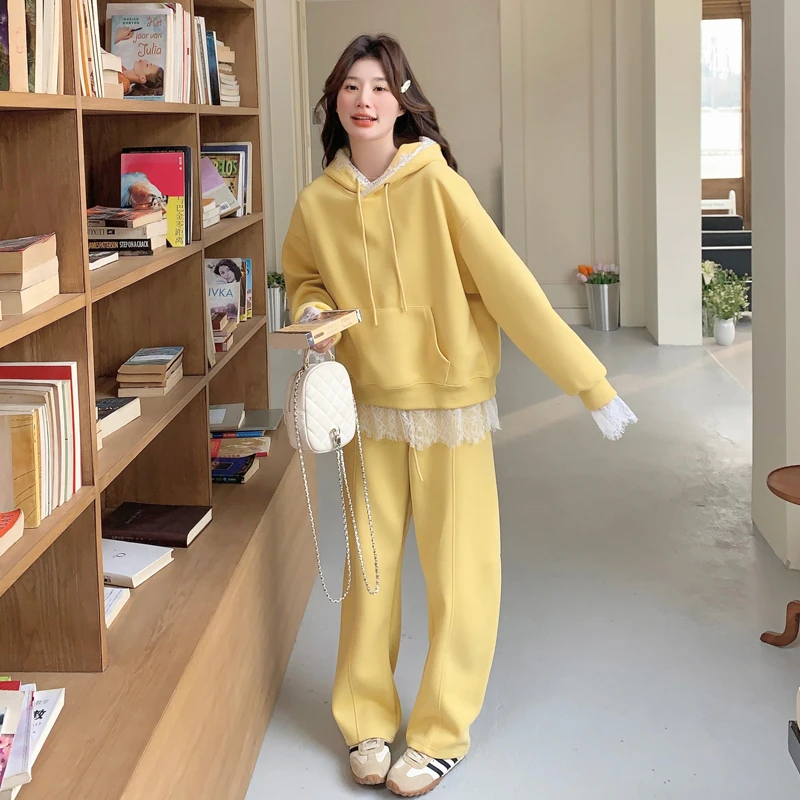 假两件蕾丝拼接卫衣套装女2025秋季新款设计感小个子减龄两件套装