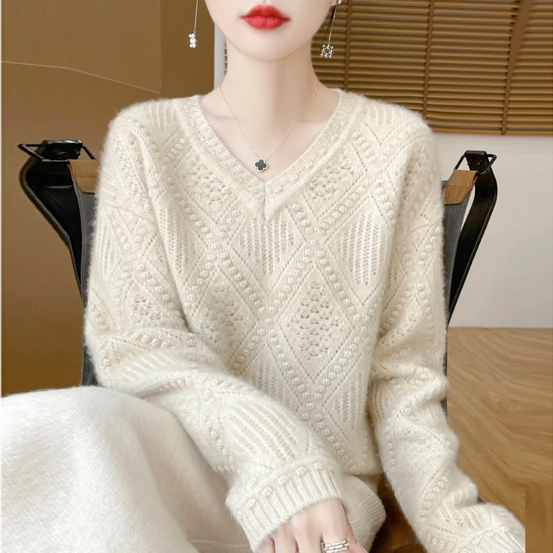软糯亲肤~秋冬新款100纯羊毛衫V领七针加厚绞花毛衣女时尚百搭