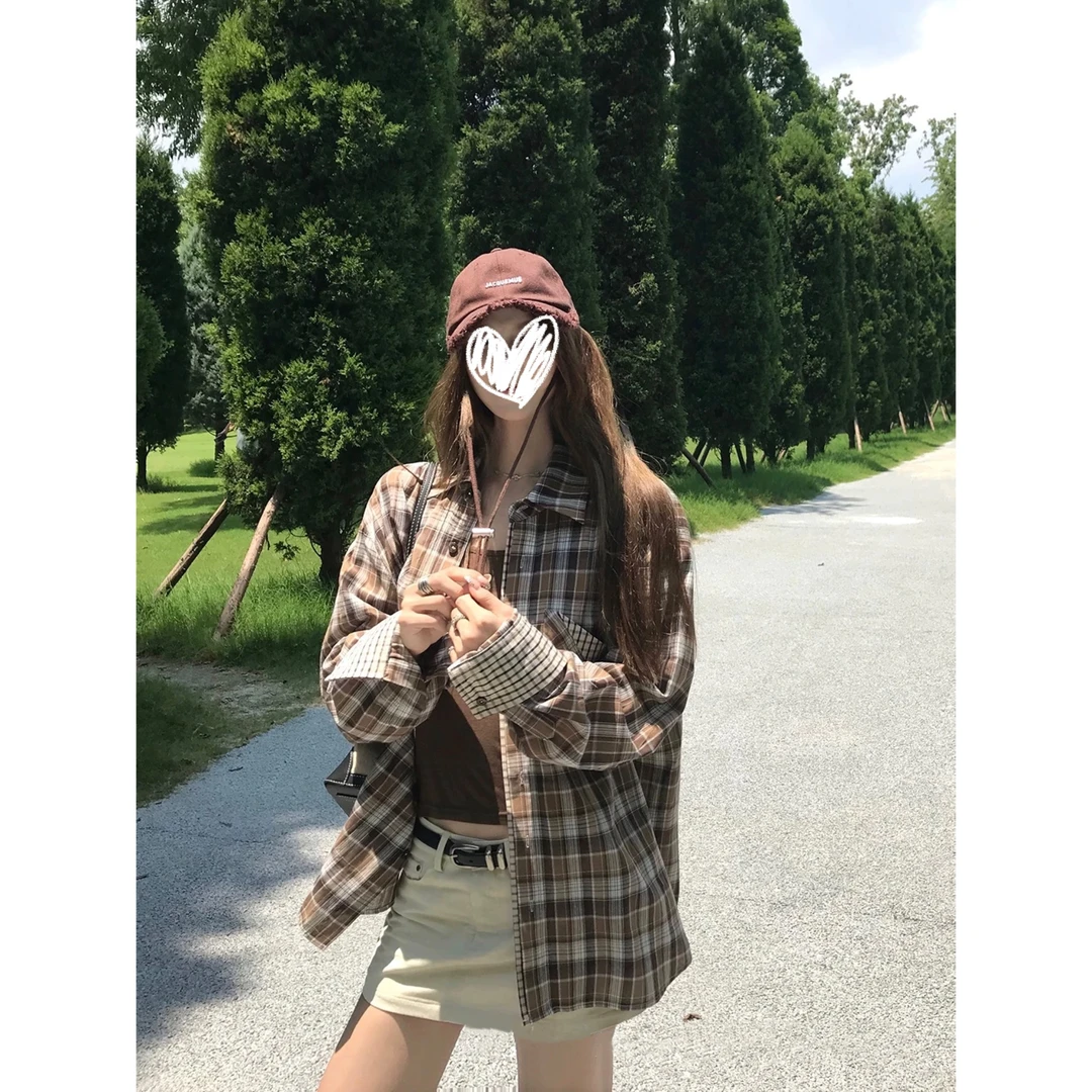 纽约留学生-早秋复古韩版时髦格纹撞色松弛感休闲衬衫女Y3770