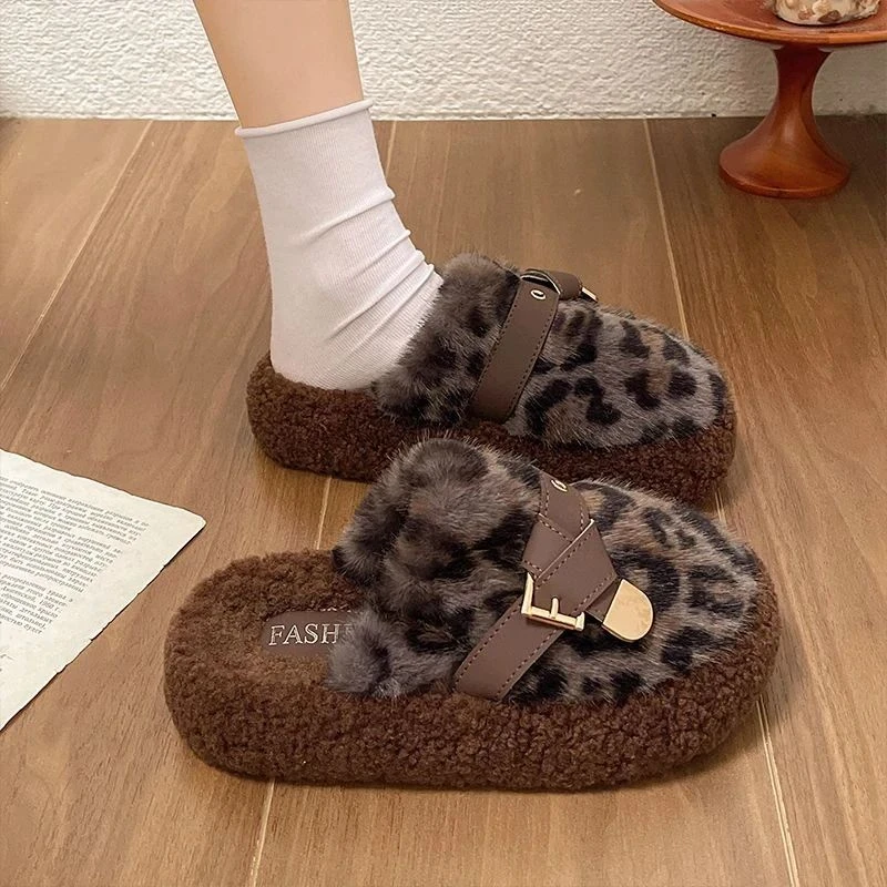 豹纹毛毛拖鞋女秋冬外穿2025新爆款网红高级感厚底毛绒包头棉拖鞋