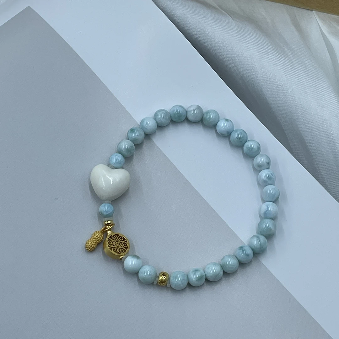 •天然海纹石拉利玛宝石牙牙爱心百搭手链A314