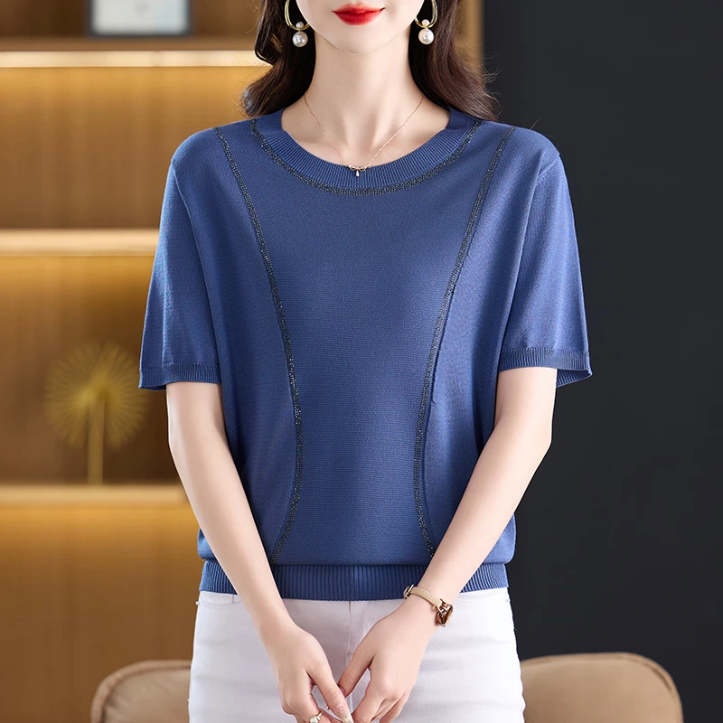 大码女装短袖女士冰丝气质镶钻妈妈T恤薄款显瘦百搭夏季半袖上衣