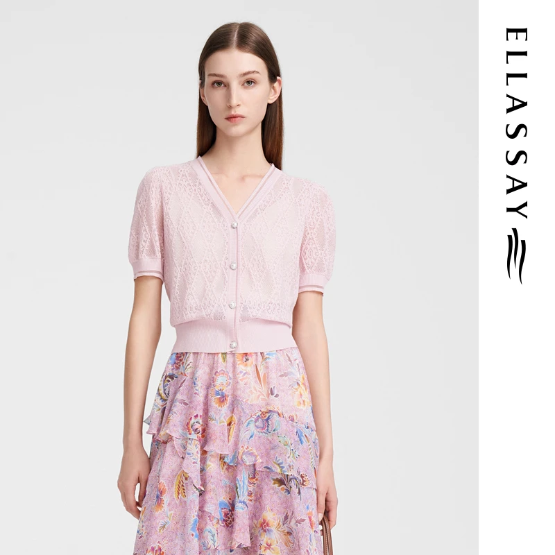 ELLASSAY歌力思夏季新款素雅V领镂空珍珠扣针织衫女EWV352M01100
