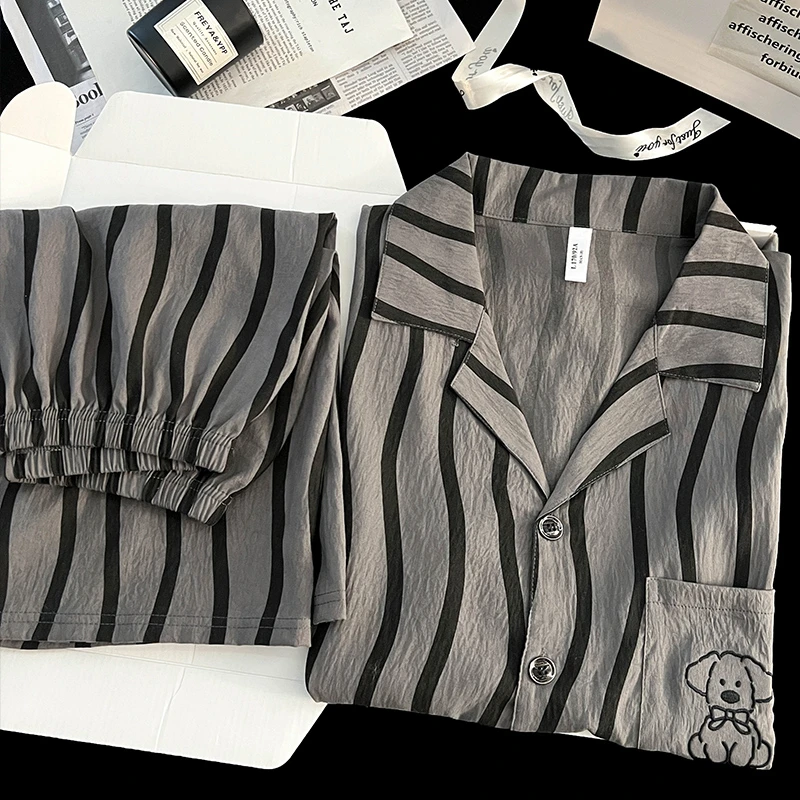 男士短袖短裤云朵棉睡衣韩版条纹小狗青少年大码开衫家居服两件套