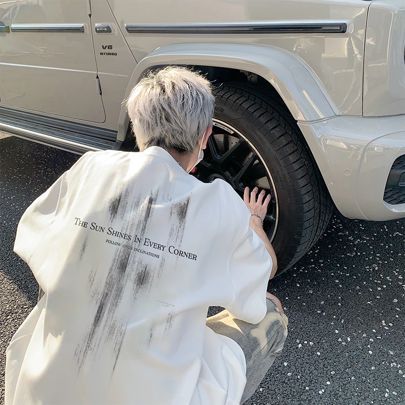 模糊标语短袖T恤男夏季潮流宽松oversize半袖潮牌美式青少年上衣