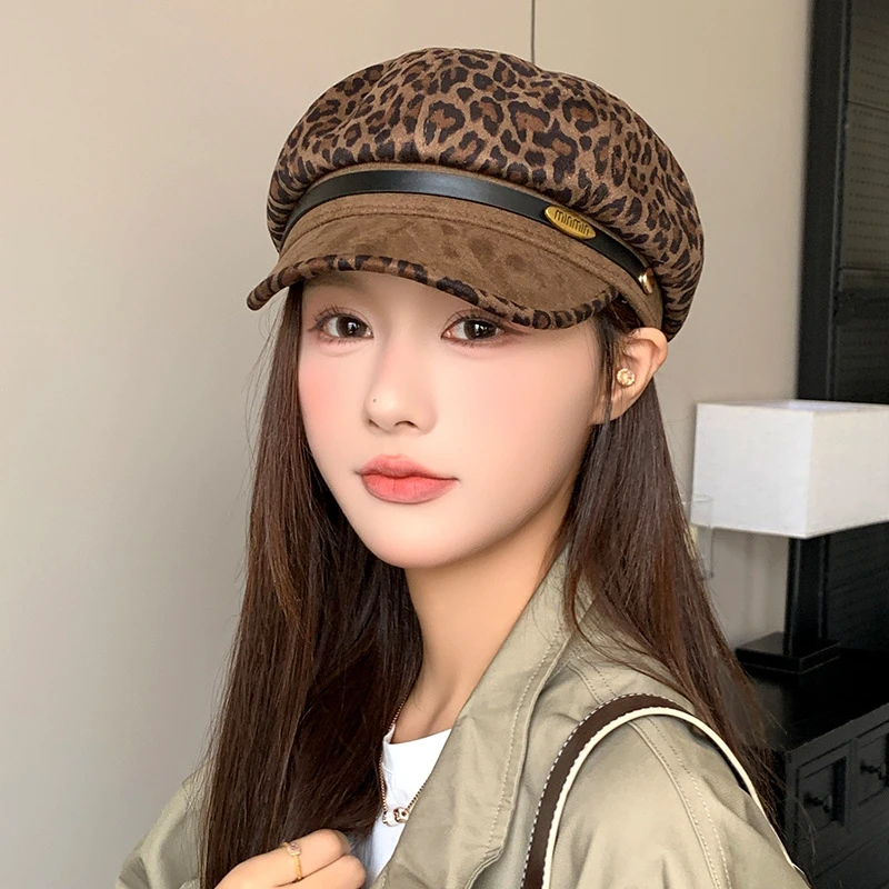 复古豹纹贝雷帽女秋冬季麂皮绒鸭舌八角帽显脸小辣妹小众报童帽