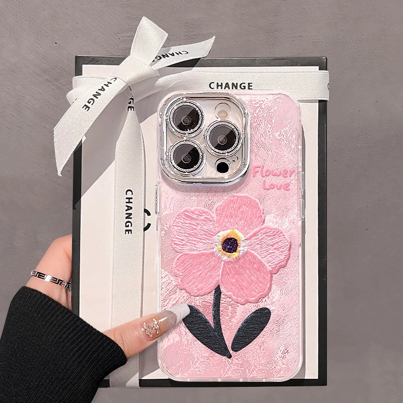 粉色花朵适用苹果iPhone16华为vivo小米oppo精孔冰川纹手机壳