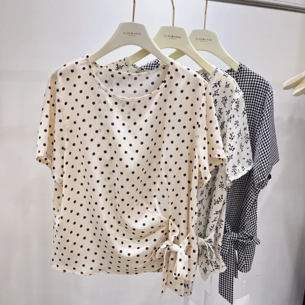 圆领短袖大码波点系带显瘦T