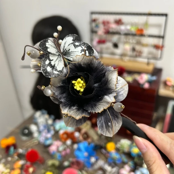 非遗绒花发簪 红色颤颤水墨写意风蝴蝶发簪