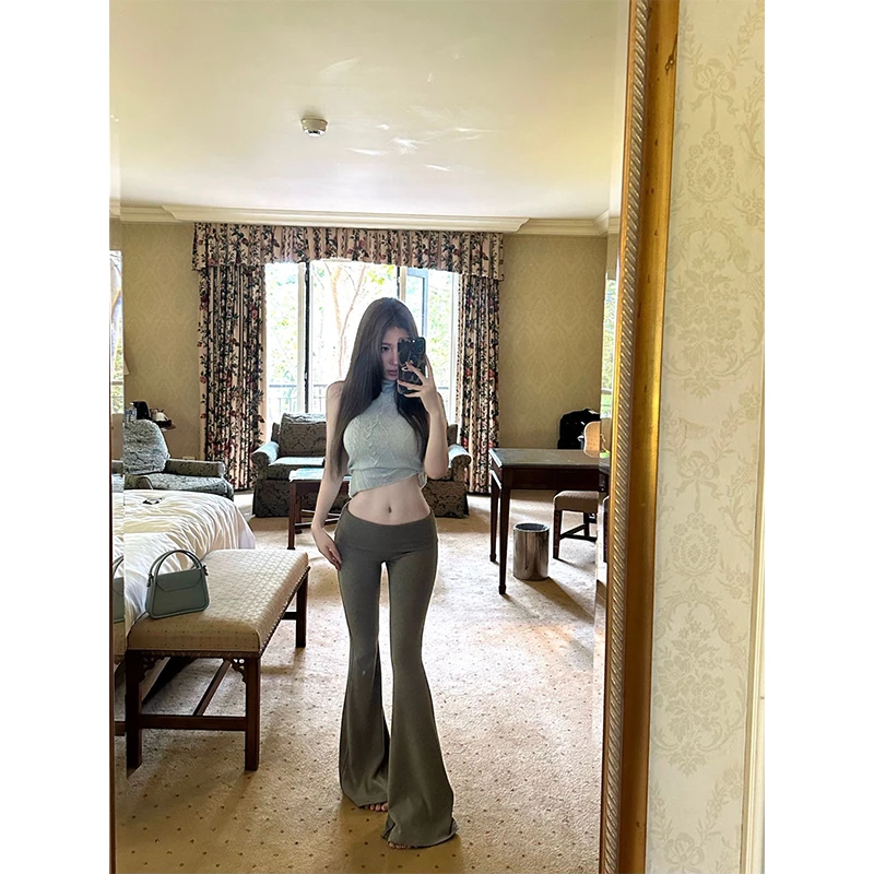 FuunJ 美臀神裤 低腰修身显瘦微喇休闲裤女设计感翻边包臀针织裤