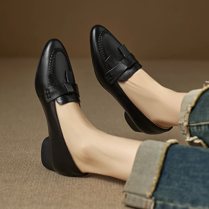 头层羊皮3cm～复古低跟舒适百搭一脚蹬蝴蝶结气质深口单鞋粗跟新款