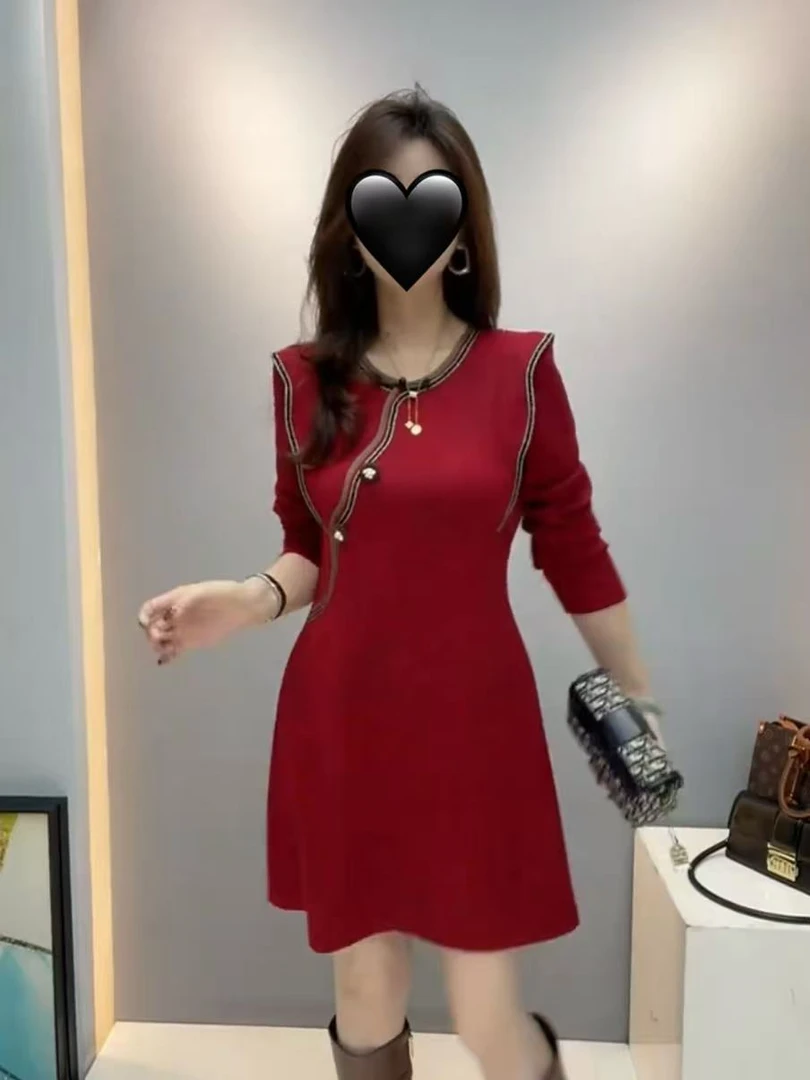 秋冬年款新中式中国风裙子高级感拼接条纹收腰显瘦连衣裙612391