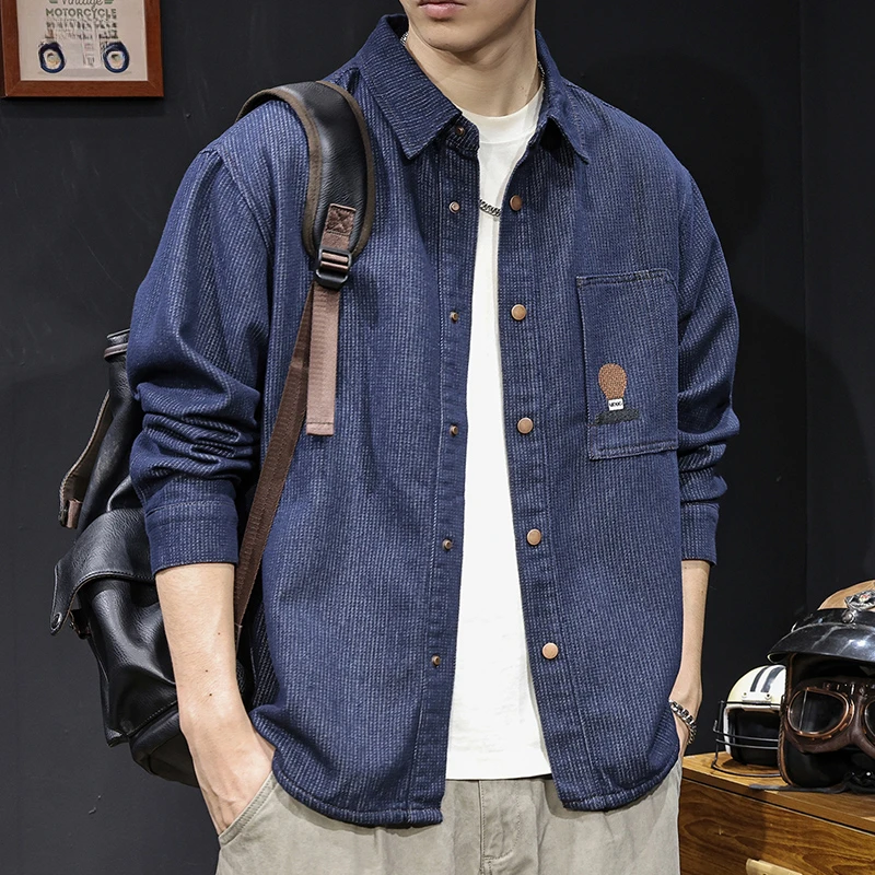秋季新款提花刺绣牛仔衬衫男士2025春秋潮牌大码长袖休闲衬衣外套