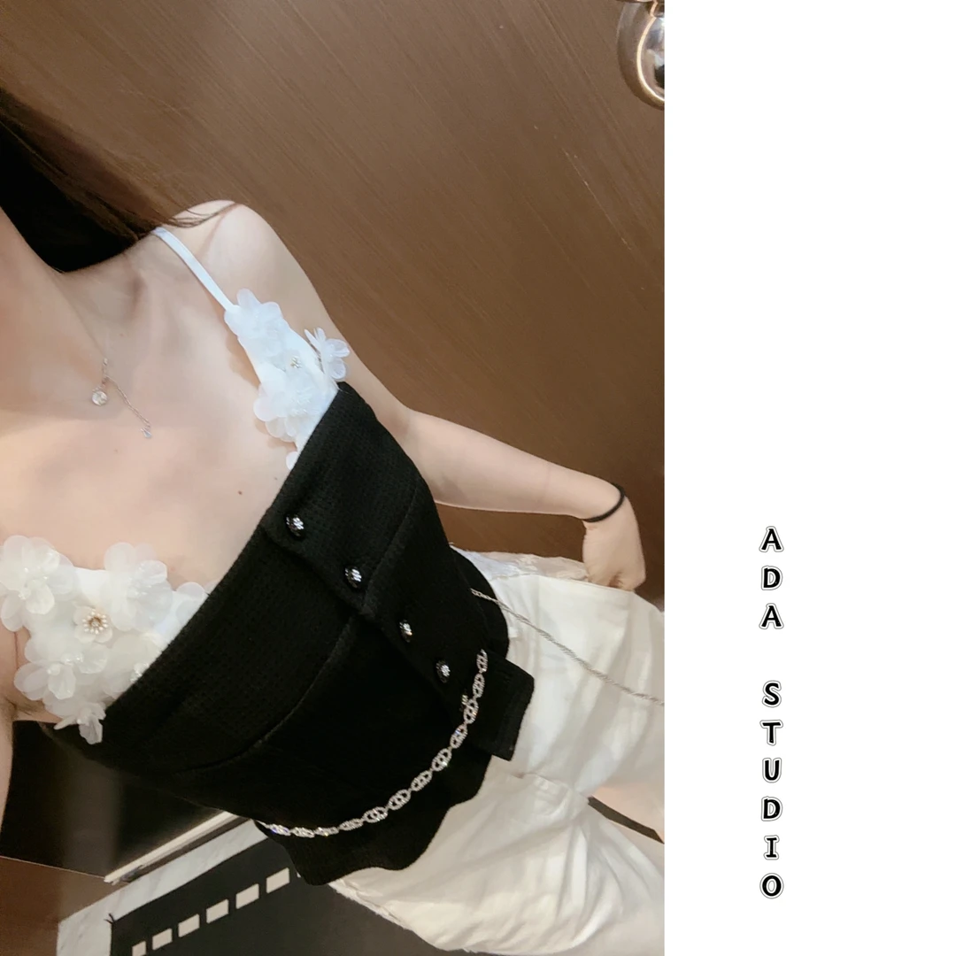 Ada定制【coco白山茶】小香风重工华夫格立体花朵吊带镂空背心上衣