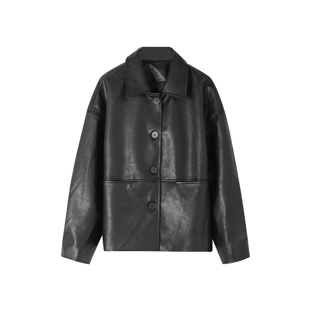 ZHOUZHOU【首尔旧刊】法式复古宽松短款百搭蛋白皮皮衣外套