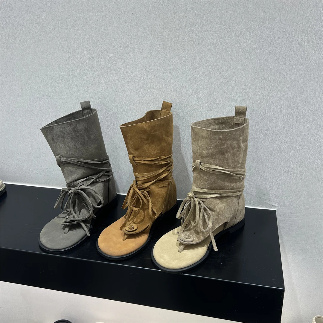 内增高夹趾凉靴短靴女鞋2025新款夏季绒面西部牛仔靴堆堆中筒靴子