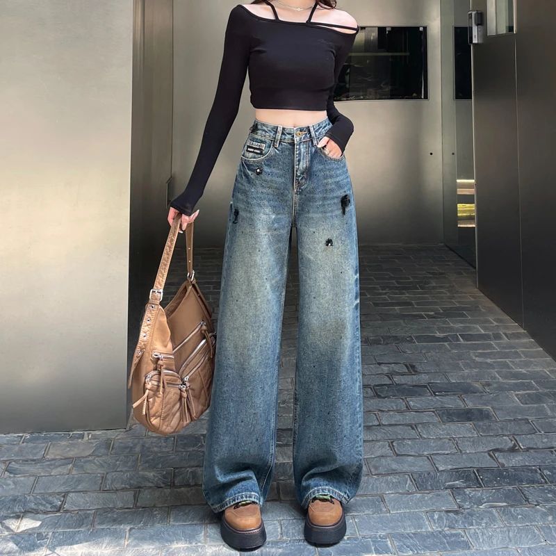 烫钻钉珠窄版阔腿牛仔裤子秋冬款炸街时尚洋气复古宽松显瘦拖地裤
