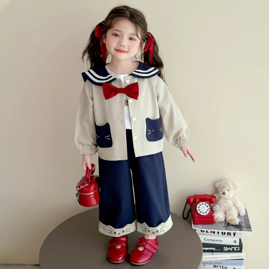 女童学院风蝴蝶结海军领套装2025新款儿童秋季女宝宝洋气两件套潮