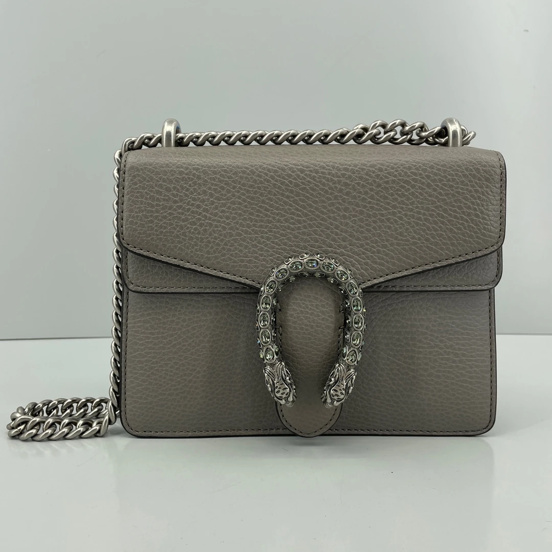 95新 GUCCI/古驰 优选酒神小号灰色钻扣链条包 20×16×4 Me0421
