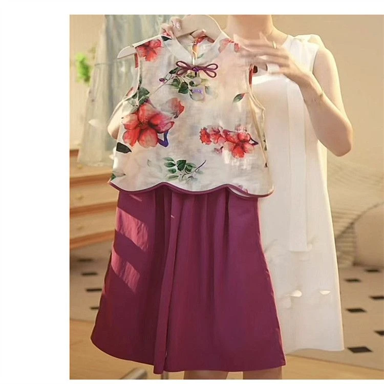 新中式汉服女童套装2025新款夏复古中国风碎花无袖上衣宽松阔腿裤