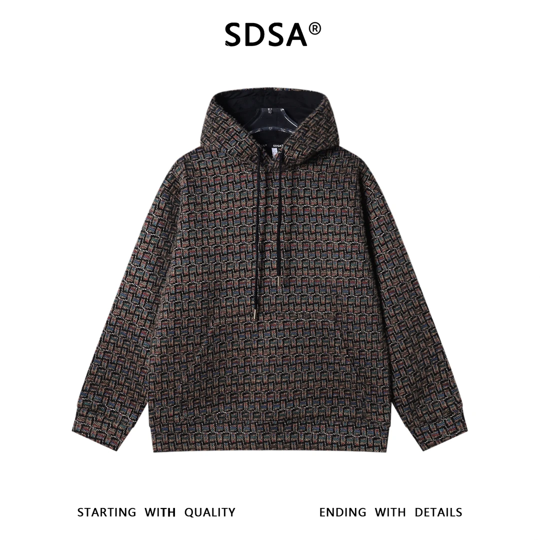 SDSA男士秋冬新款痞帅男装时尚撞色格子绒毛抽绳连帽卫衣百搭宽松