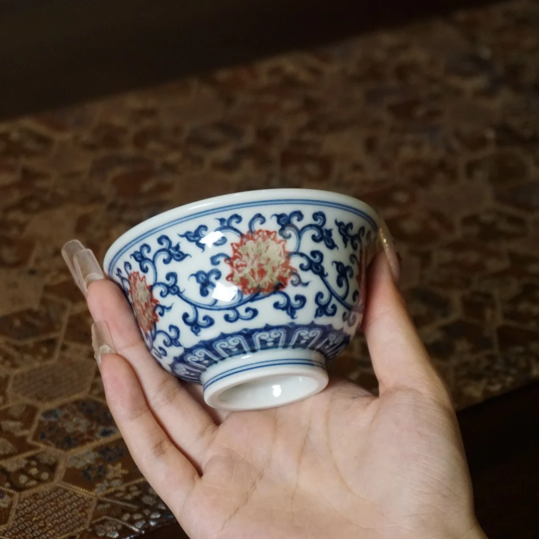 和然窑 青花釉里红双勾莲大压手杯 100ml