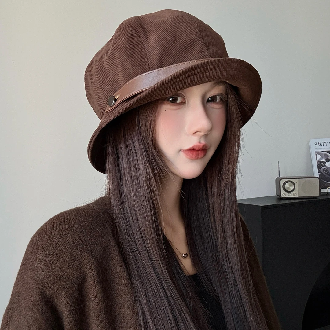秋冬新款灯芯绒渔夫帽女时尚保暖显脸小休闲盆帽气质高级一帽多戴