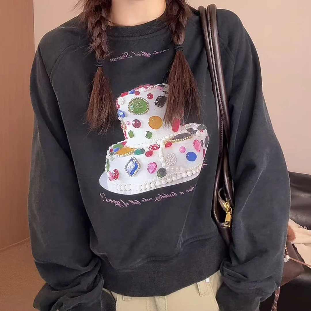 【蛋糕卫衣】虎皮卷秋冬新款加厚磨毛韩版印花宽松休闲套头卫衣女