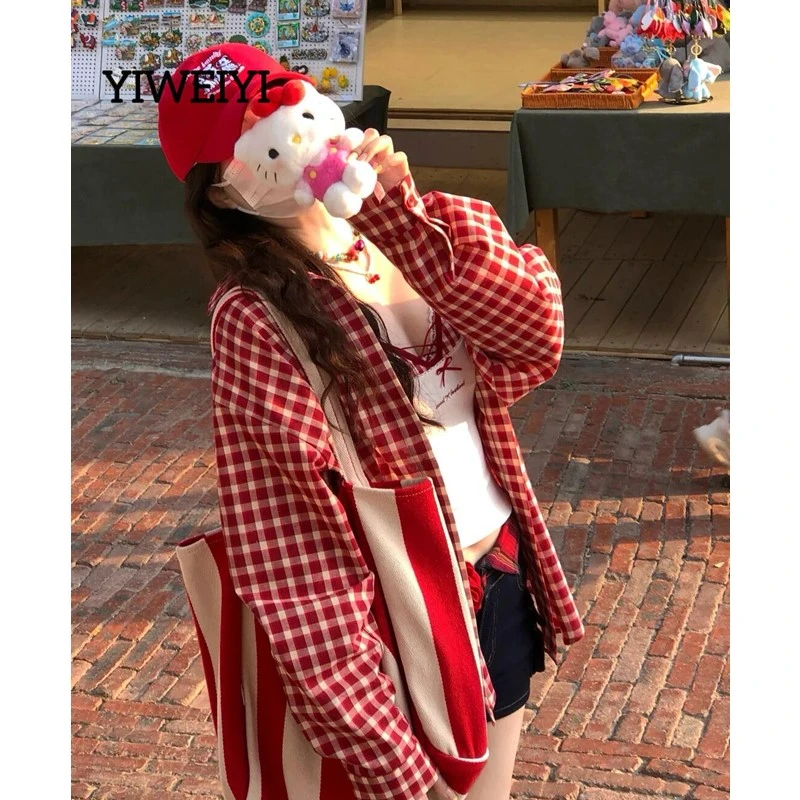 港风红色大码格子衬衫外搭女宽松显瘦oversize百搭男友风长袖衬衫