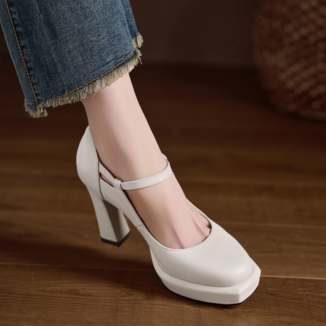 小个子手工女鞋10cm~法式一字带玛丽珍鞋粗跟高跟鞋气质百搭单鞋