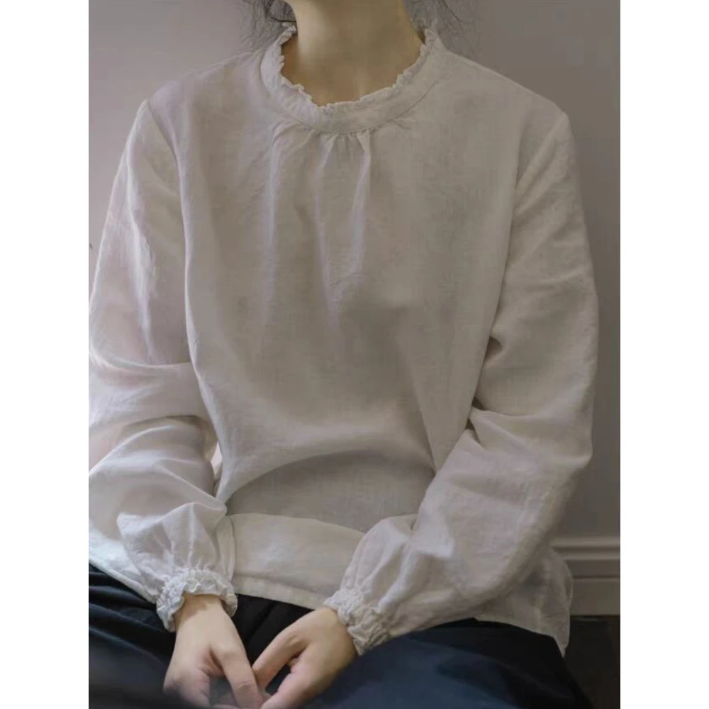 巨喜欢这件！后背扣气质长袖上衣女2025秋冬新款木耳领文艺白衬衫