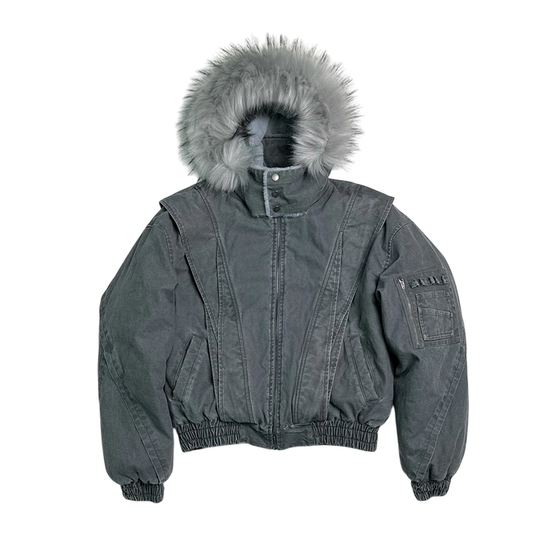 SGW座山雕毛领加绒加厚外套男cleanfit分割重磅帆布水洗棉服夹克