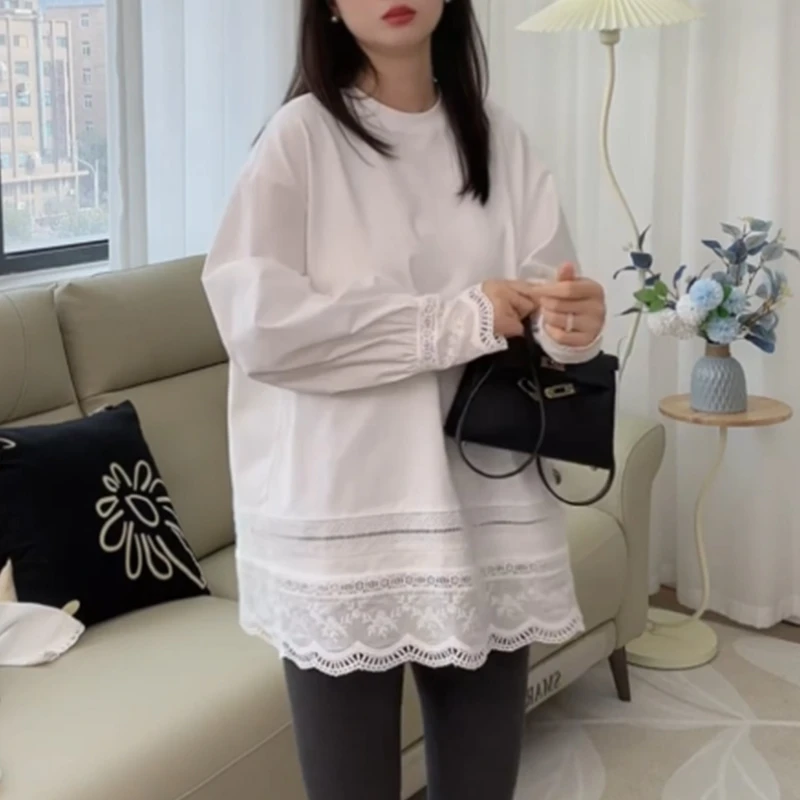 白色蕾丝拼接泡泡袖卫衣女2025春季设计感圆领宽松娃娃衫T恤上衣