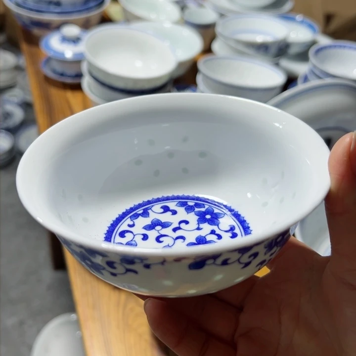 碗青花玲珑5寸紫荆花饭碗无边