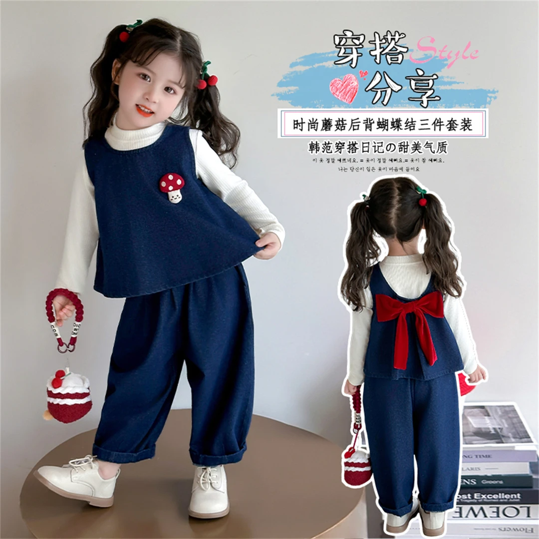 女童春秋新款洋气牛仔套装女宝宝时髦牛仔三件套&后背蝴蝶结套装