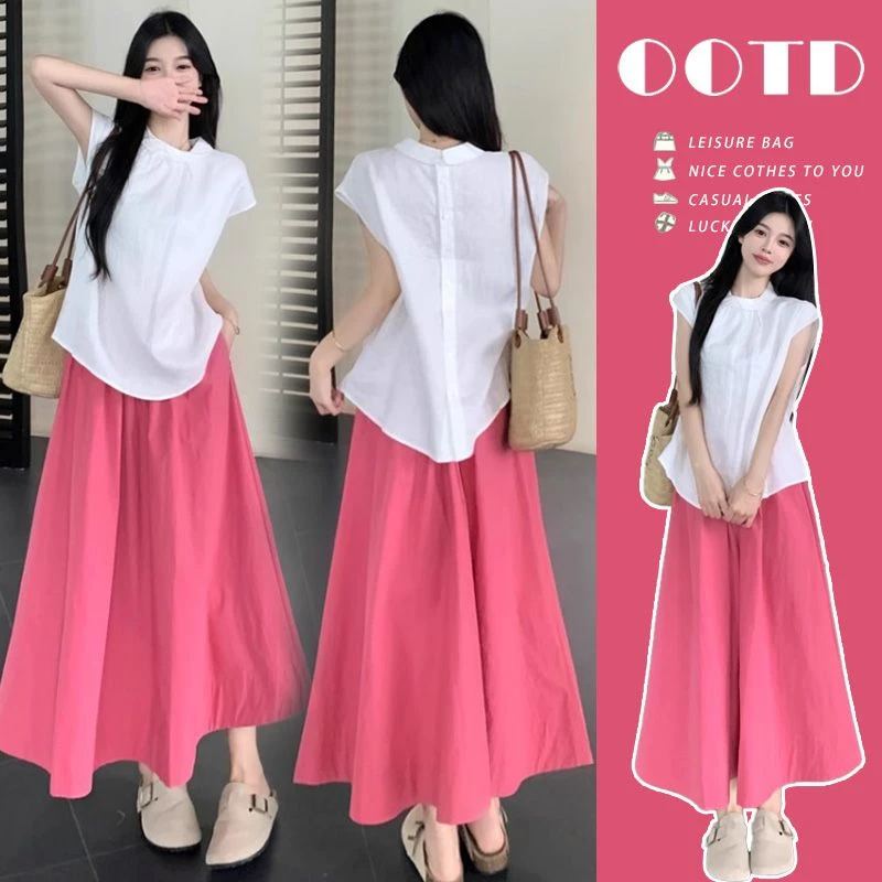 孕妇装2025夏装搭配小个子无袖白色衬衫+玫粉色半身裙两件套装女