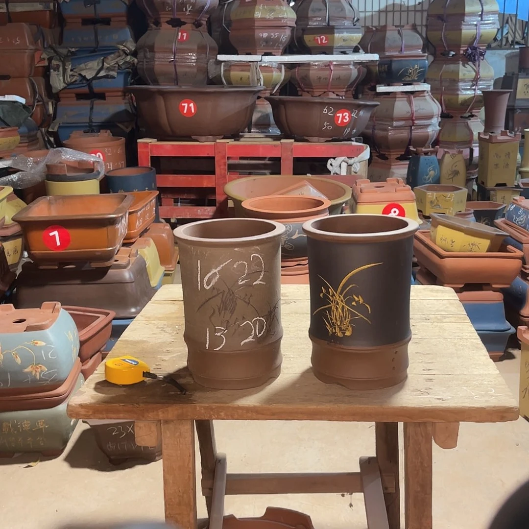 紫砂花盆竹节盆两个