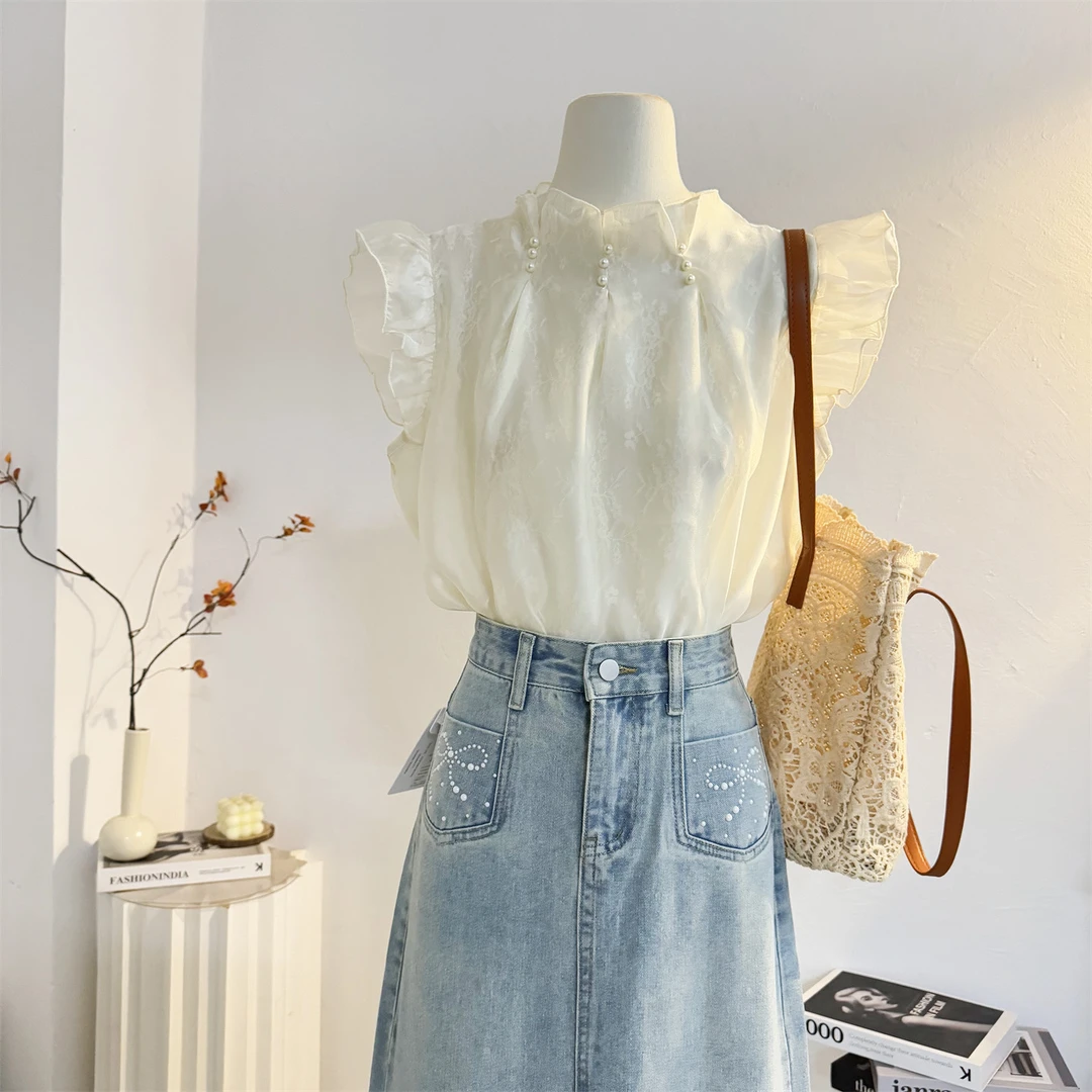 法式气质钉珠立领飞飞袖雪纺衬衫女2025夏设计感小众洋气小衫上衣