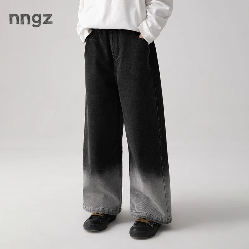 NNGZ设计师黑回吊染女童牛仔裤秋季宽松挺括儿童直筒裤童装休闲裤