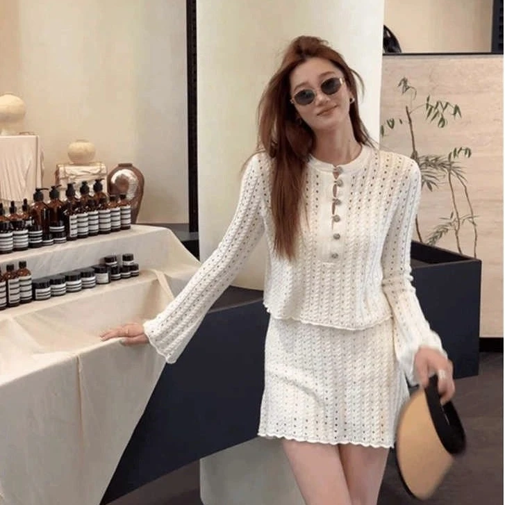 小香风千金套装女白色镂空上衣高级御姐半身裙新款一整套ootd穿搭