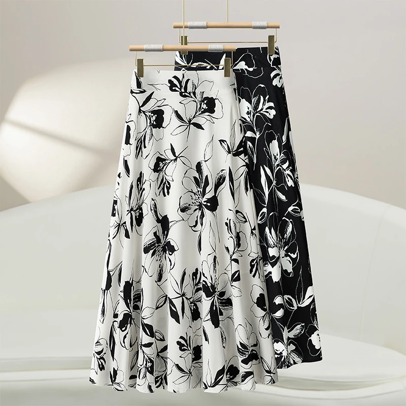 时尚印花半身裙女夏季2025新款高腰显瘦垂感Aa字中长款休闲大裙摆