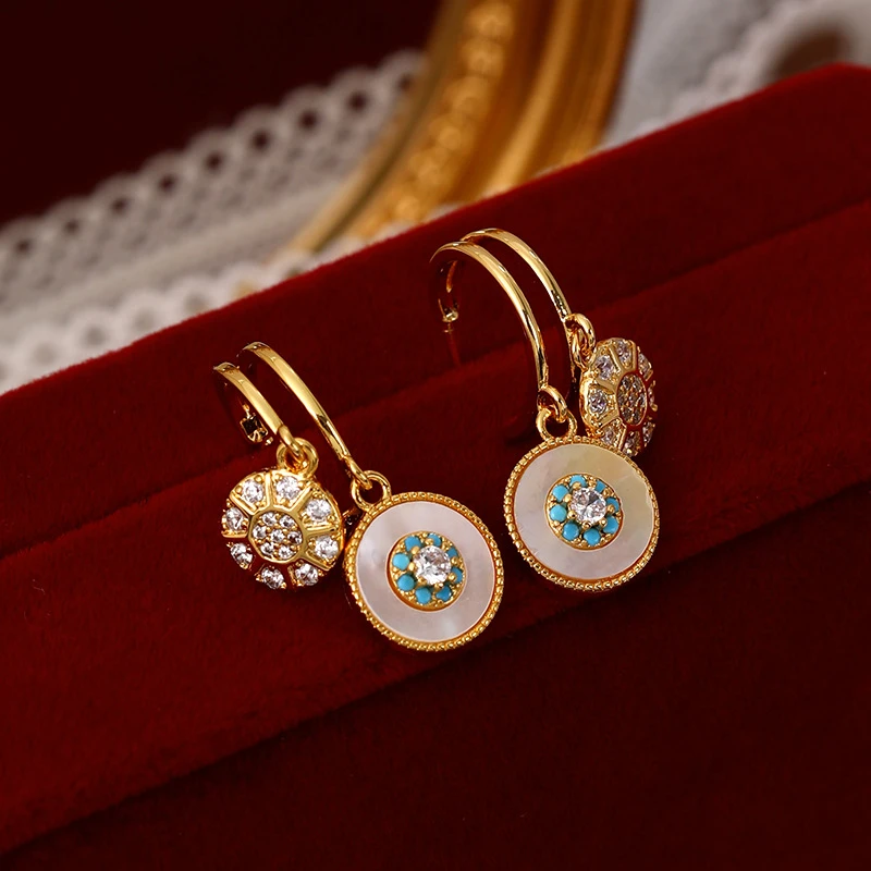 双C天然贝壳锆石罗盘耳订夸张高级感耳饰设计感小众925银针耳环