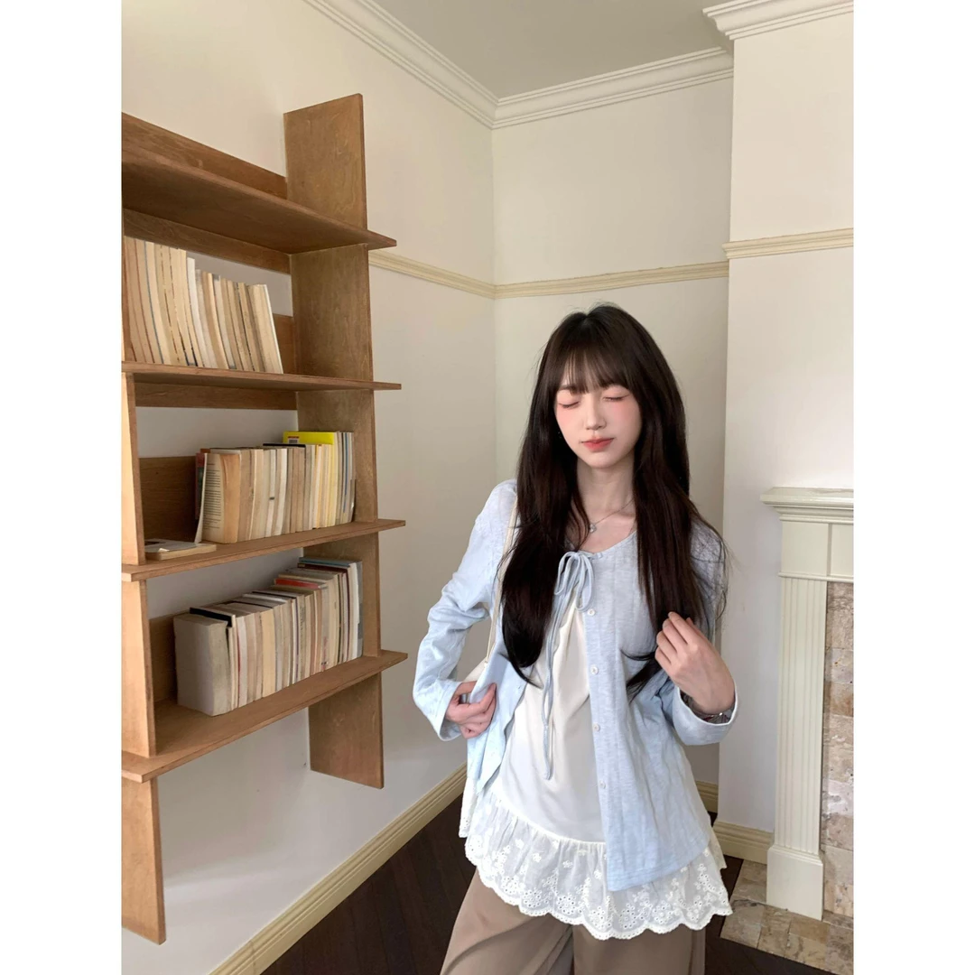 小众温柔风蓝色开衫上衣女百搭罩衫长袖外套+百搭甜美吊带