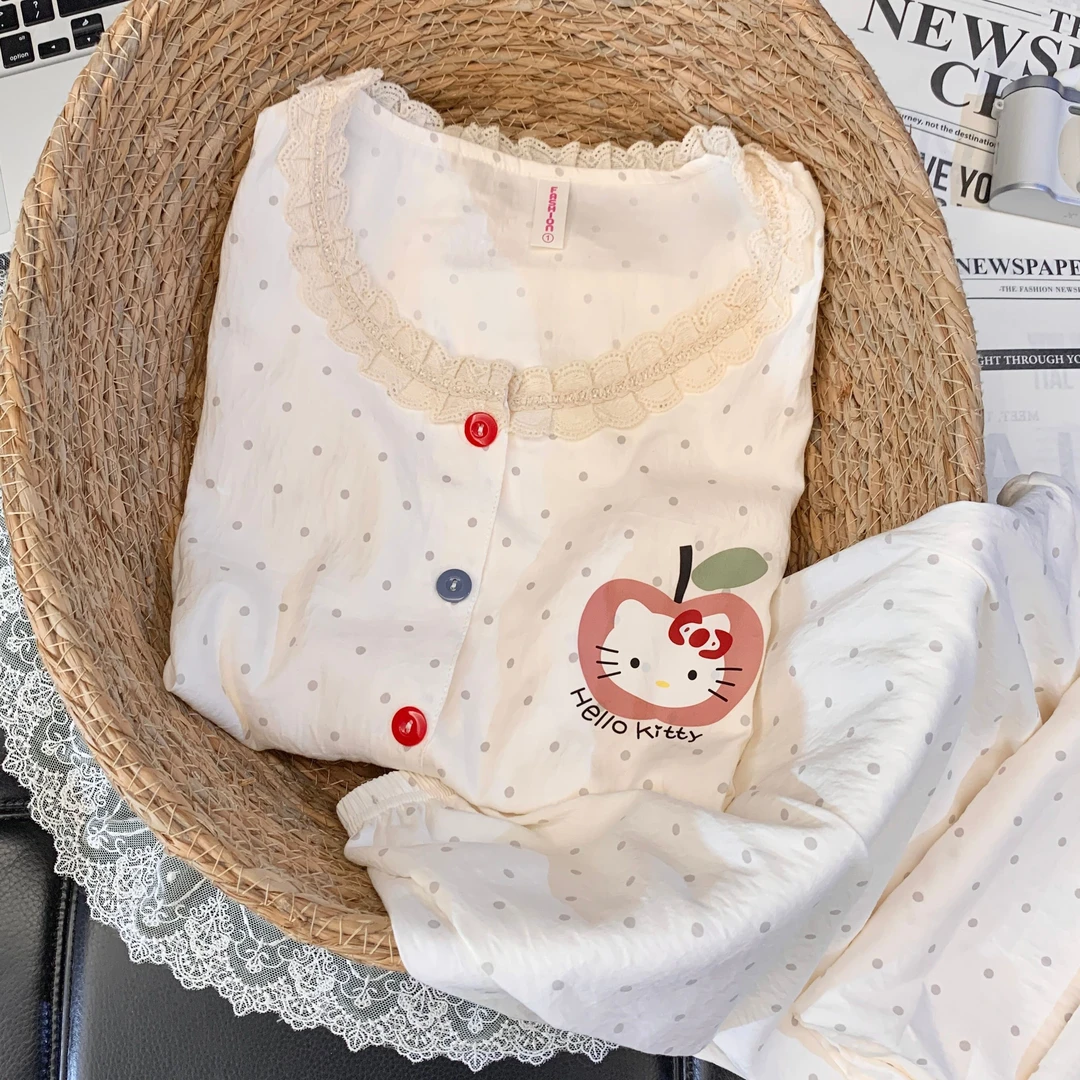 【圆领花边苹果KT猫】春秋长袖可爱睡衣套装女春秋卡通少女家居服