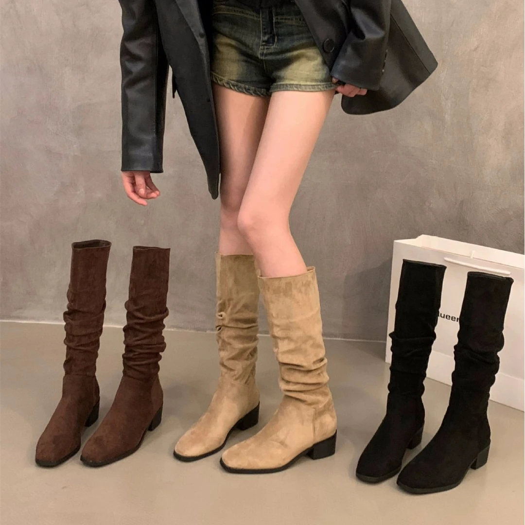 堆堆靴子女长筒靴2025夏季新款粗跟骑士靴西部牛仔靴中筒透气长靴