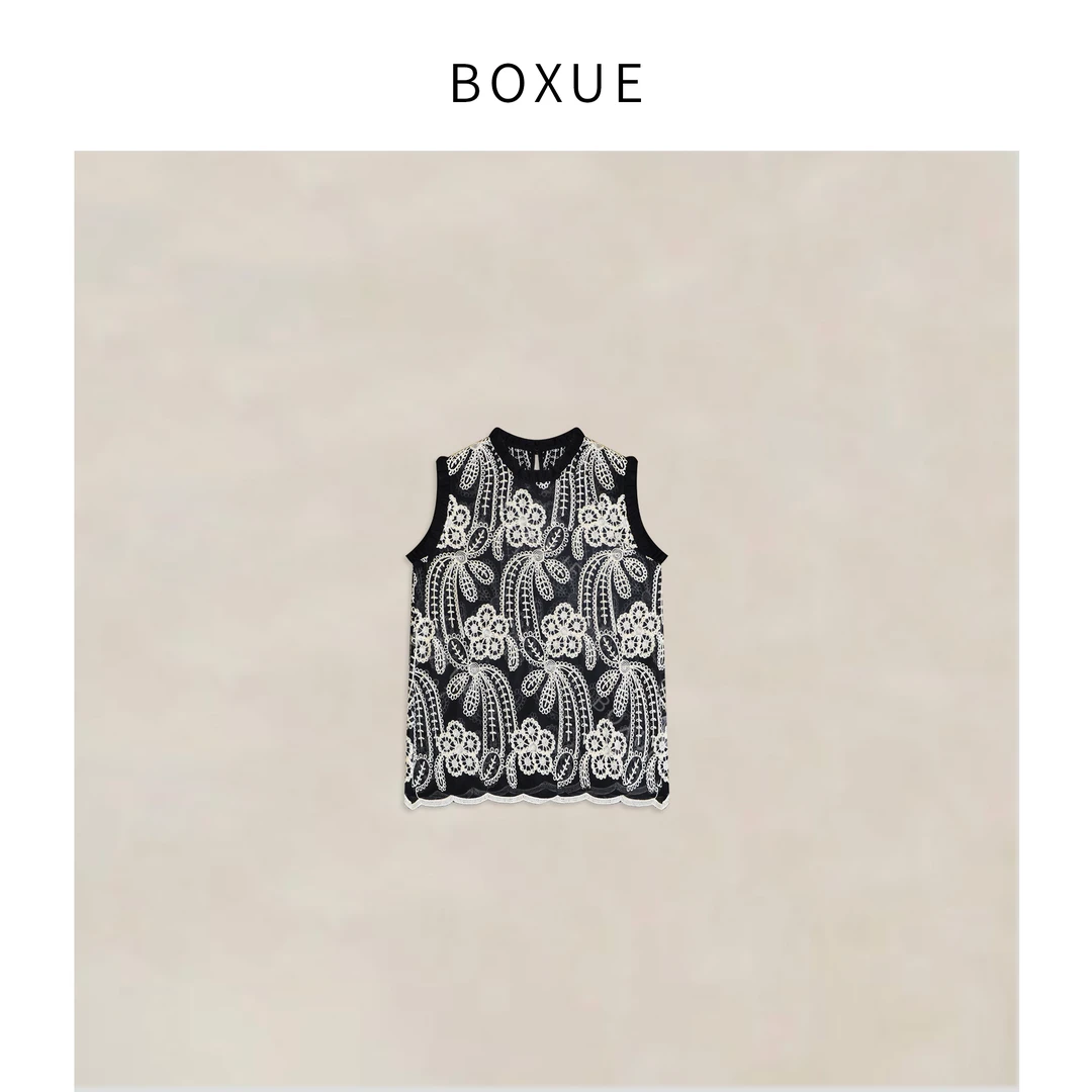 BOXUE ”千灯愿” 2025春季新款高级感烧花刺绣轻奢 T恤#250311T936